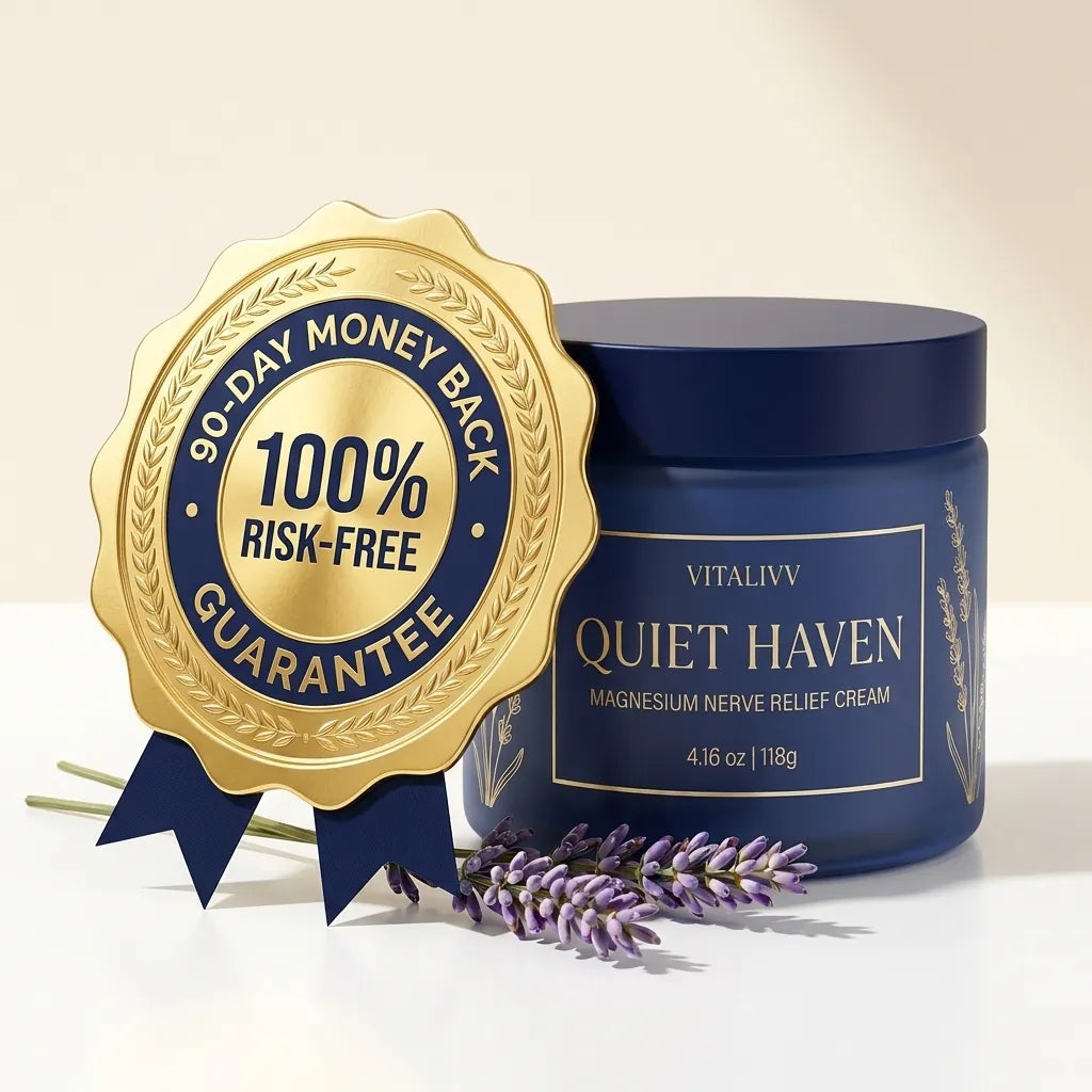 Quiet Haven navy jar with lavender beside a gold 90-day money-back, 100 percent risk-free guarantee badge