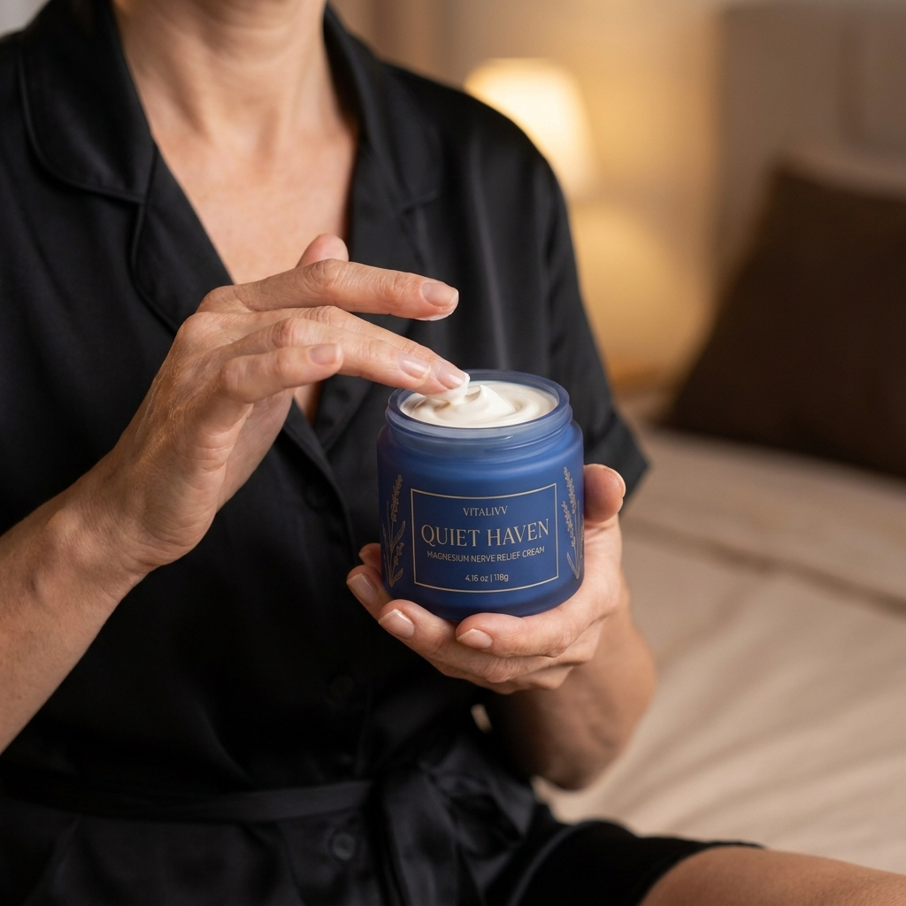 Quiet Haven magnesium cream in an open navy jar with lavender sprigs and its lid beside it