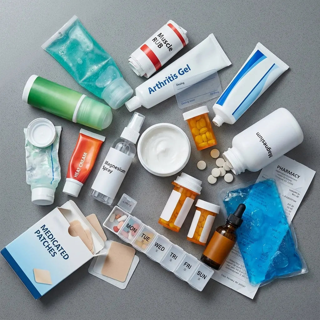 Assorted other creams, gels, sprays, pills and medicated patches on a grey surface