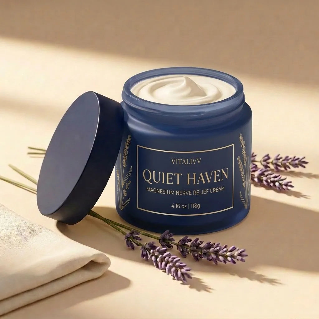 Quiet Haven magnesium cream in an open navy jar with lavender sprigs